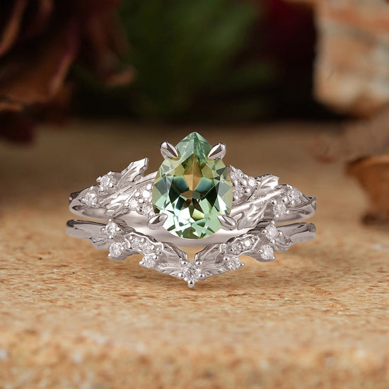 Pear Green Sapphire Nature Inspired Bridal Ring Set Mistletoe Ring Set