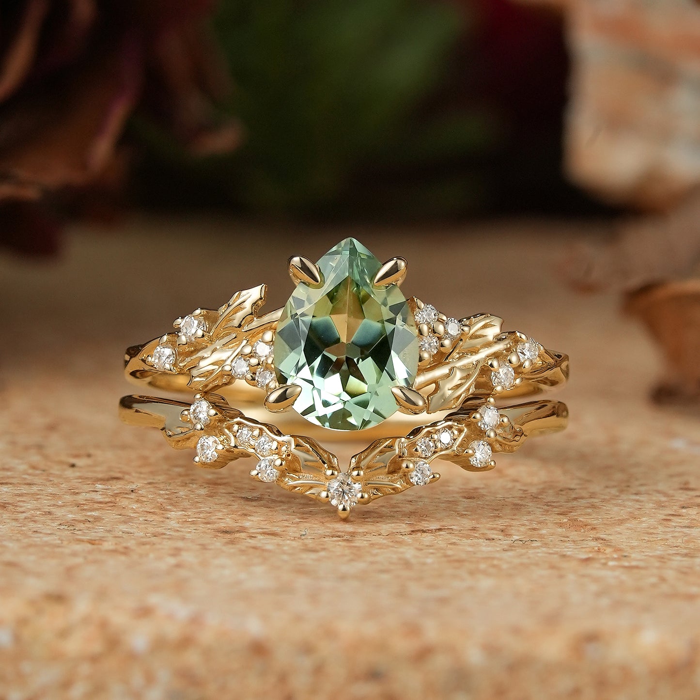 Pear Green Sapphire Nature Inspired Bridal Ring Set Mistletoe Ring Set