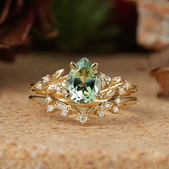 Pear Green Sapphire Nature Inspired Bridal Ring Set Mistletoe Ring Set