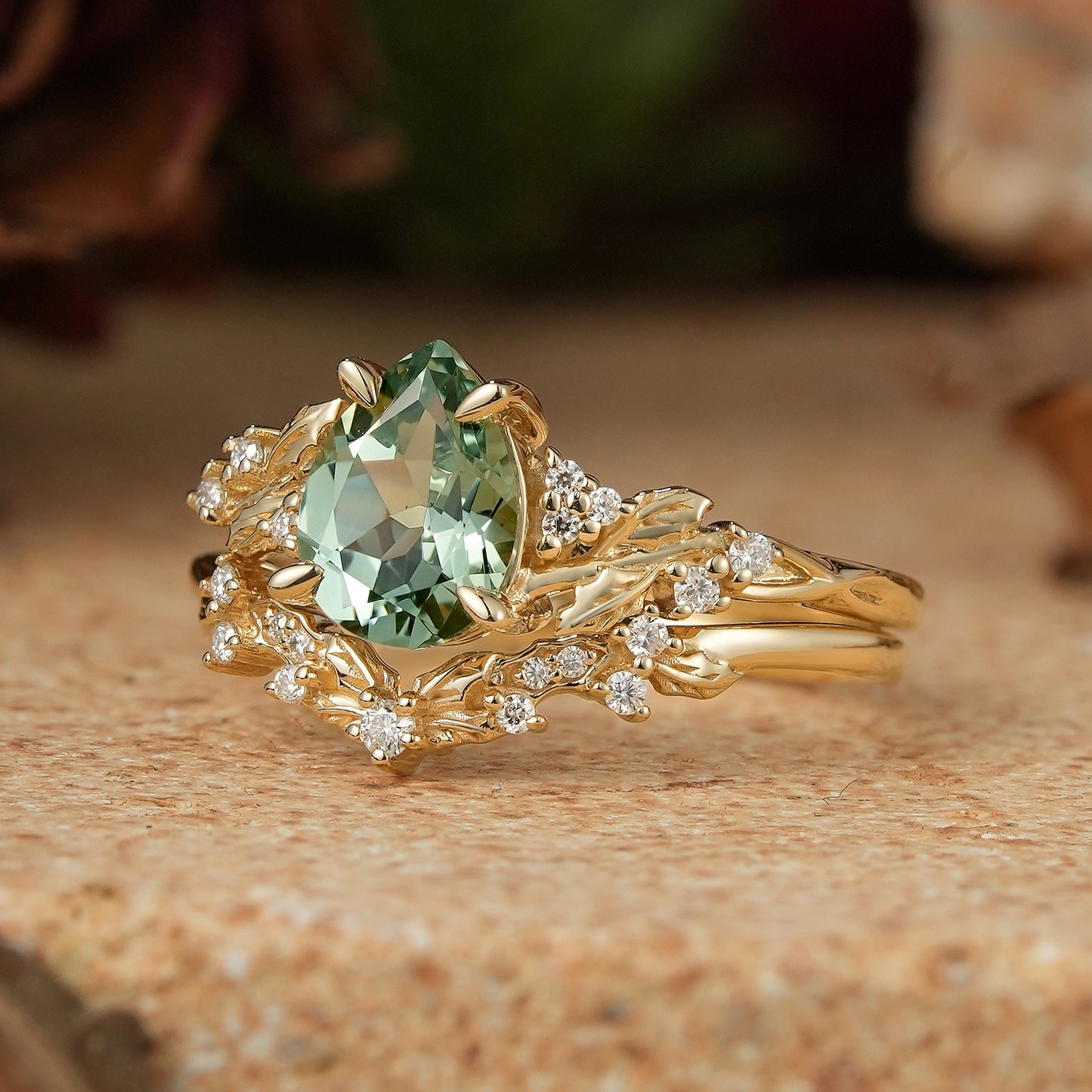 Pear Green Sapphire Nature Inspired Bridal Ring Set Mistletoe Ring Set