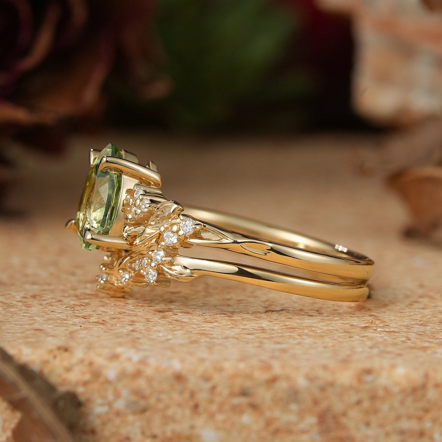 Pear Green Sapphire Nature Inspired Bridal Ring Set Mistletoe Ring Set