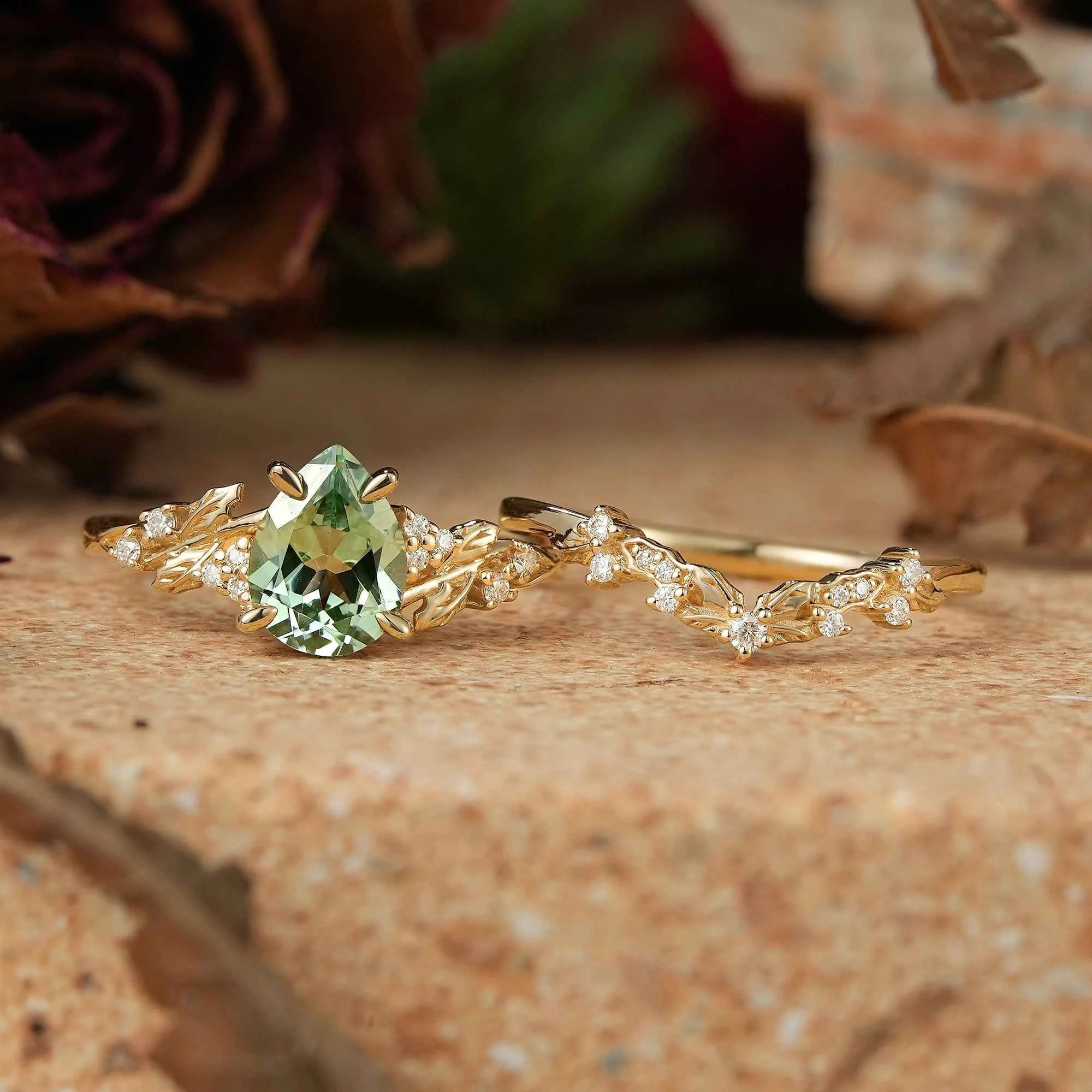 Pear Green Sapphire Nature Inspired Bridal Ring Set Mistletoe Ring Set