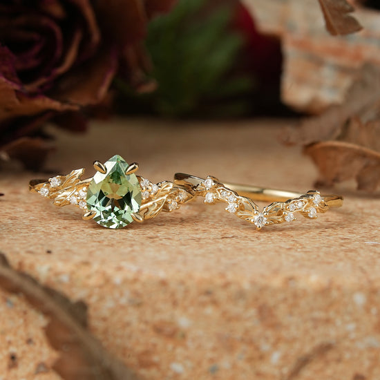 Pear Green Sapphire Nature Inspired Bridal Ring Set Mistletoe Ring Set