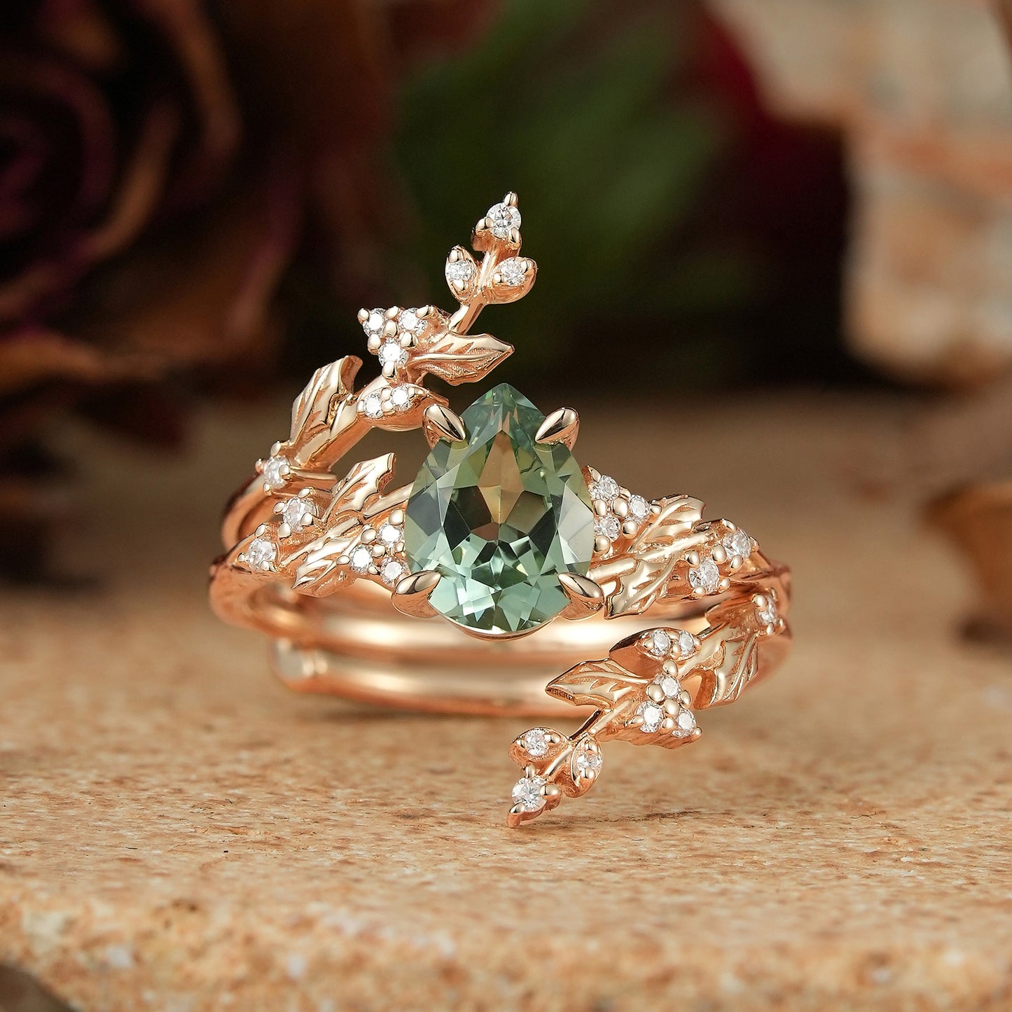 Pear Green Sapphire Nature Inspired Bridal Enhancer Ring Set Mistletoe Ring Set 2pcs
