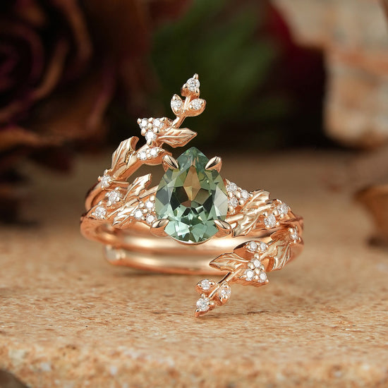 Pear Green Sapphire Nature Inspired Bridal Enhancer Ring Set Mistletoe Ring Set 2pcs