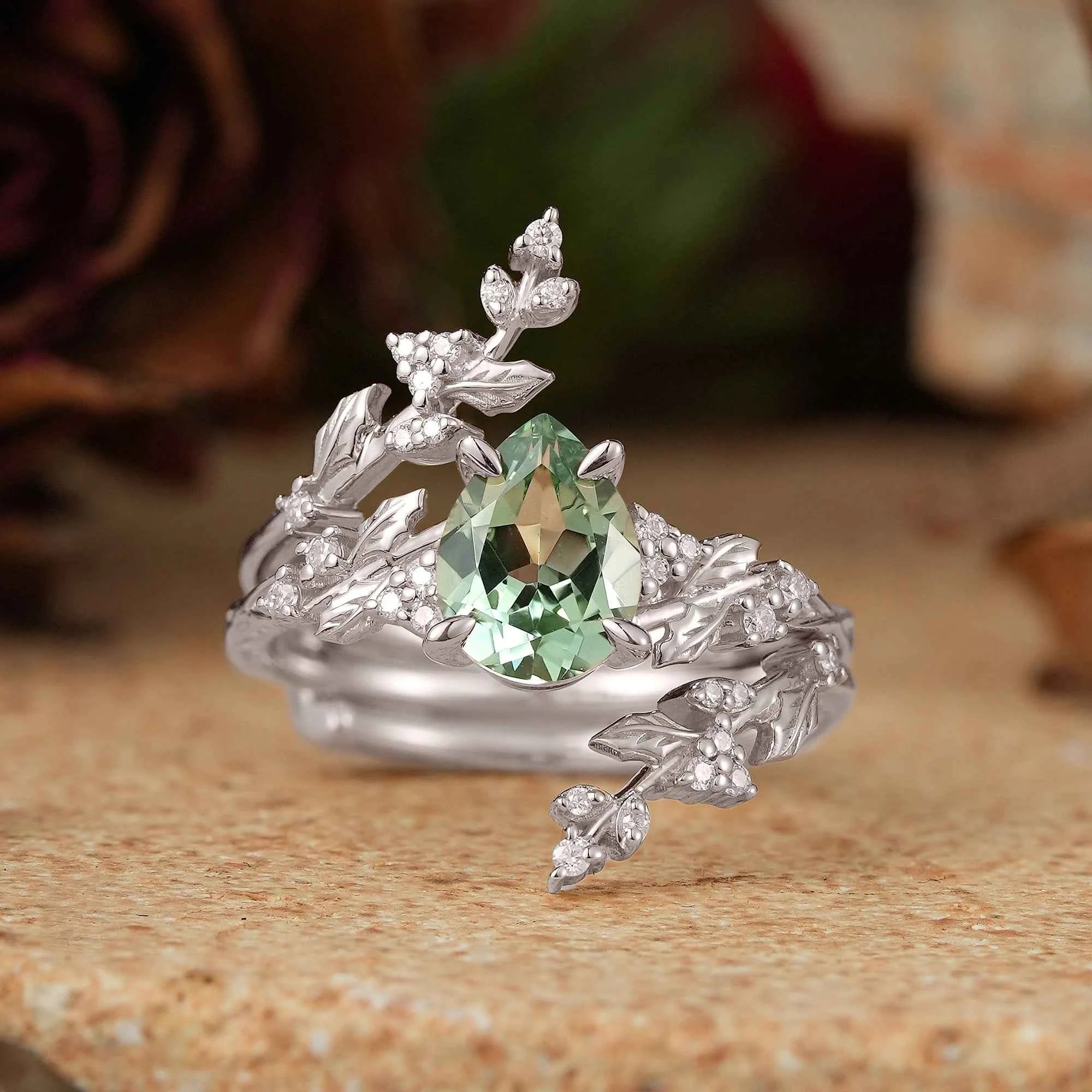 Pear Green Sapphire Nature Inspired Bridal Enhancer Ring Set Mistletoe Ring Set 2pcs