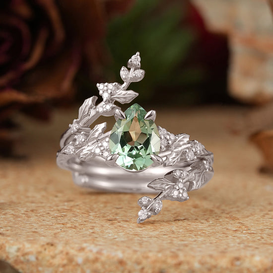Pear Green Sapphire Nature Inspired Bridal Enhancer Ring Set Mistletoe Ring Set 2pcs
