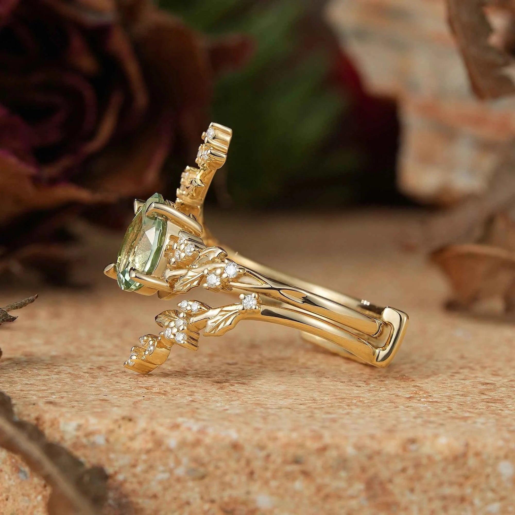 Pear Green Sapphire Nature Inspired Bridal Enhancer Ring Set Mistletoe Ring Set 2pcs