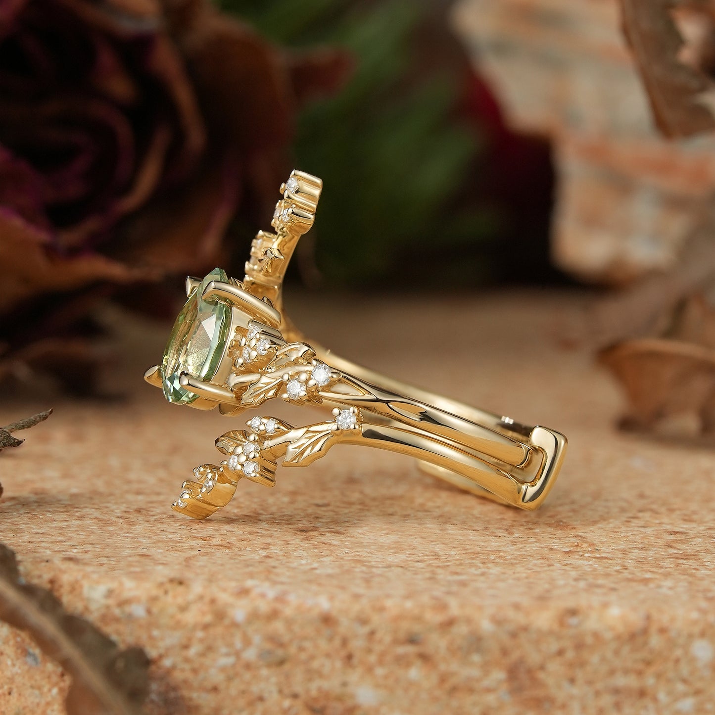 Pear Green Sapphire Nature Inspired Bridal Enhancer Ring Set Mistletoe Ring Set 2pcs