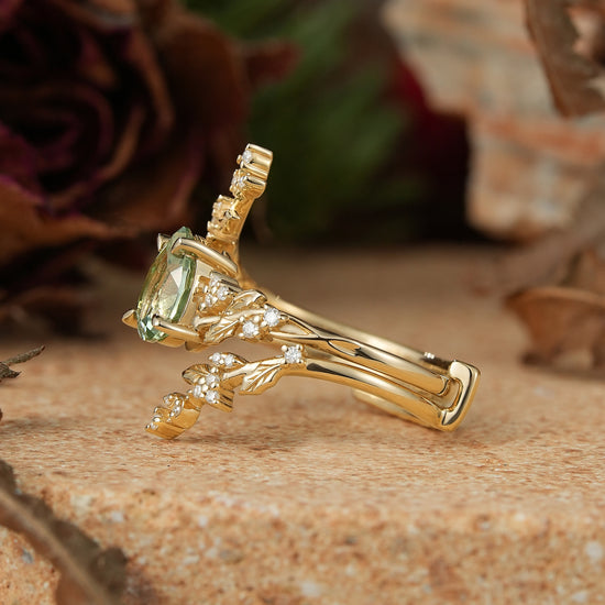 Pear Green Sapphire Nature Inspired Bridal Enhancer Ring Set Mistletoe Ring Set 2pcs