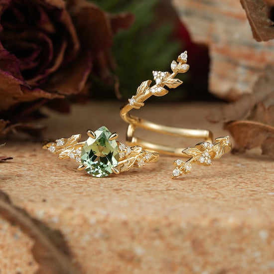 Pear Green Sapphire Nature Inspired Bridal Enhancer Ring Set Mistletoe Ring Set 2pcs