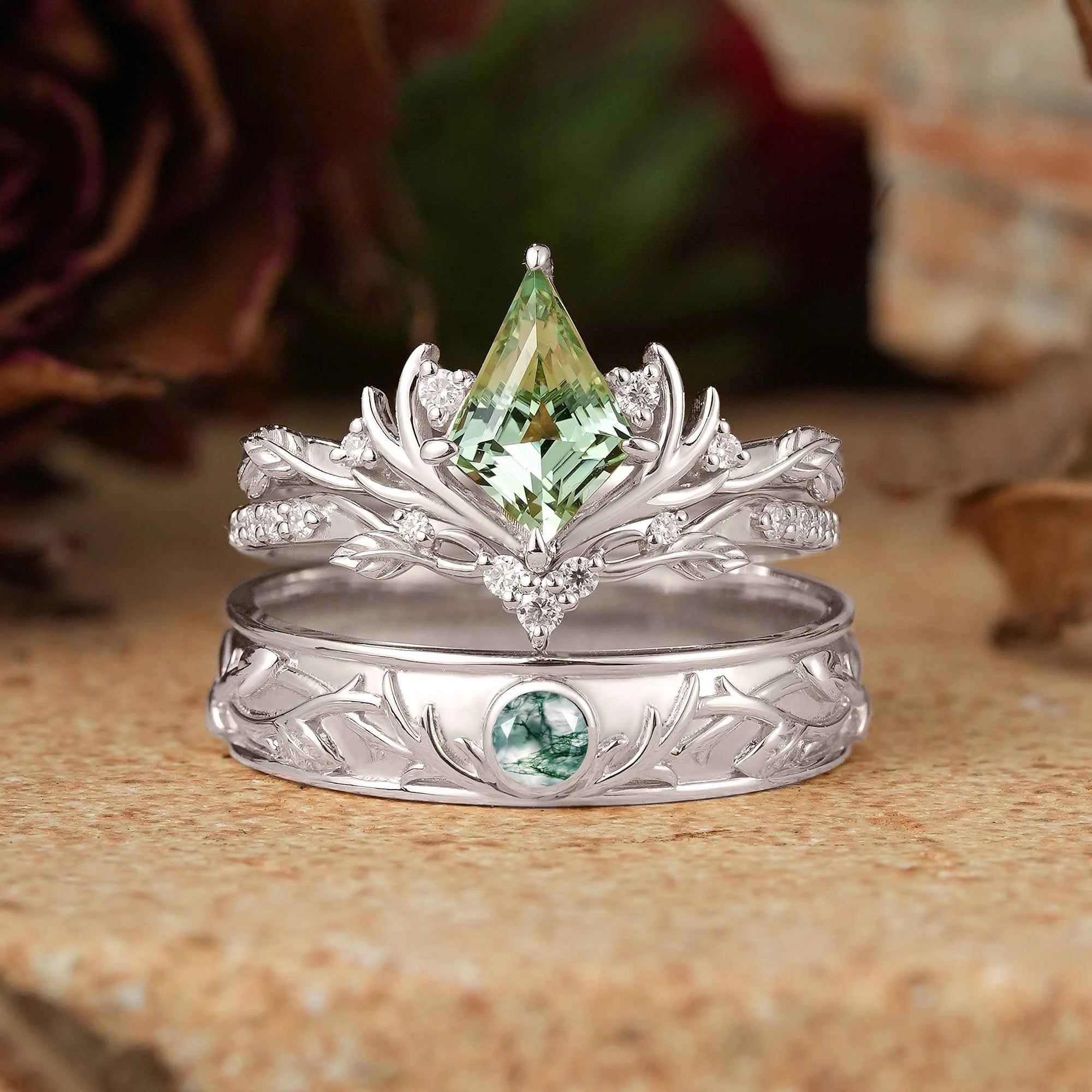 Kite Cut Green Sapphire Bridal Ring Set And Moss Agate Men's Ring Stag Inspired Couple Ring Set
