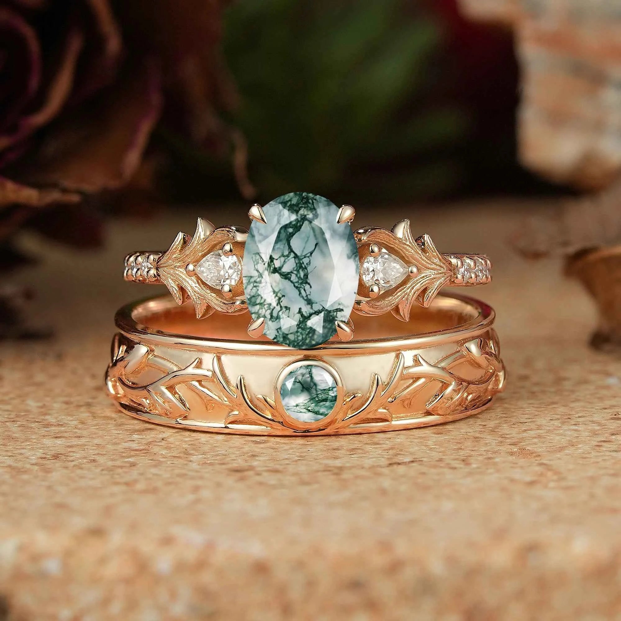 Moss Agate Stag Inspired Couple Ring Set Nature Inspired Elven Rings