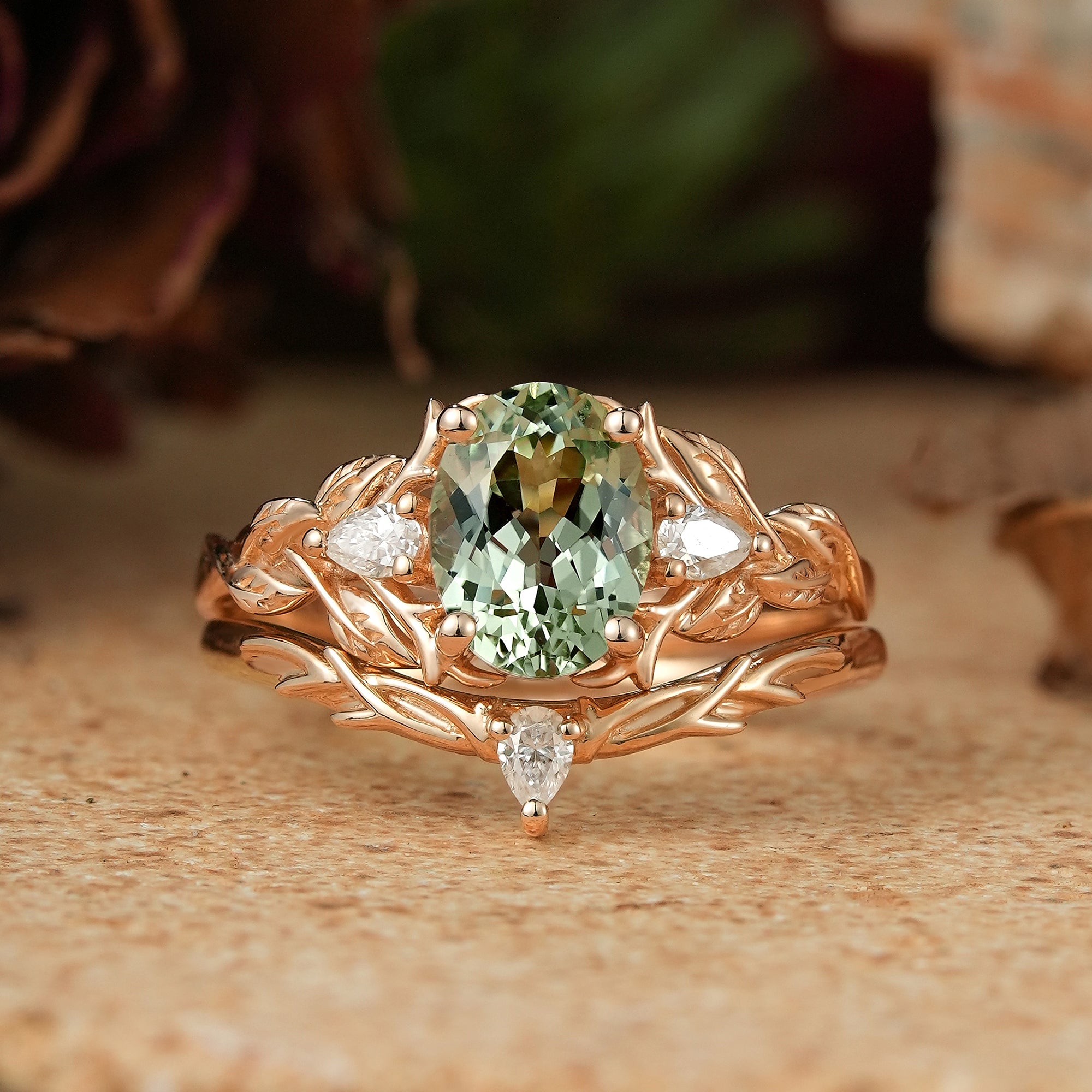 Oval Green Sapphire Nature Inspired Bridal Ring Set Stag Elven Ring Set