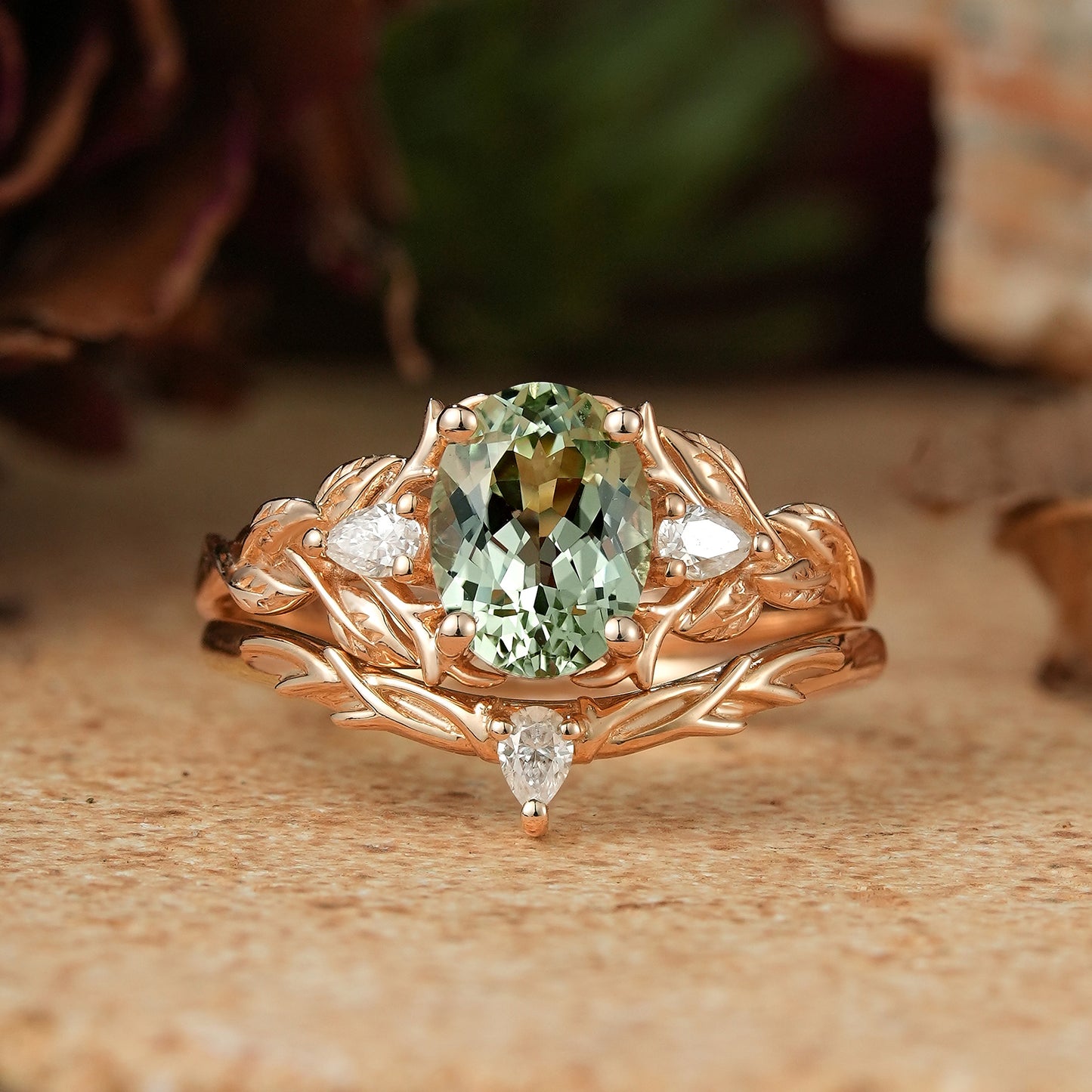 Oval Green Sapphire Nature Inspired Bridal Ring Set Stag Elven Ring Set