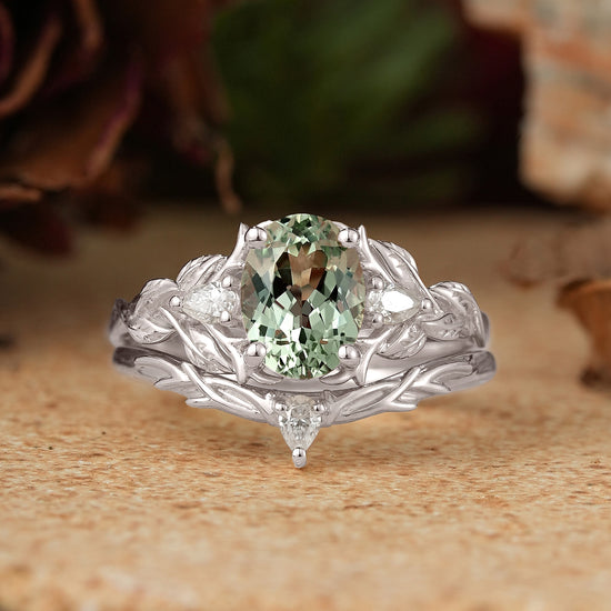 Oval Green Sapphire Nature Inspired Bridal Ring Set Stag Elven Ring Set