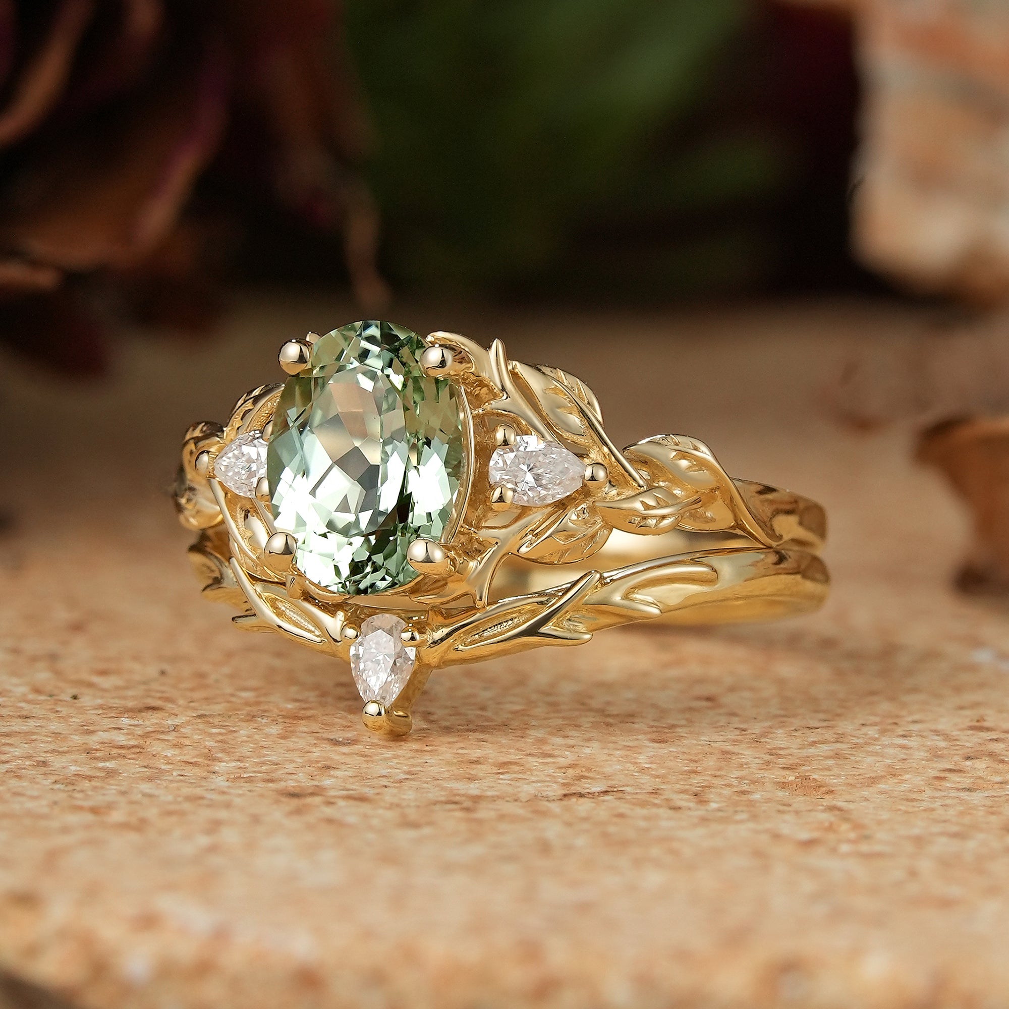 Oval Green Sapphire Nature Inspired Bridal Ring Set Stag Elven Ring Set