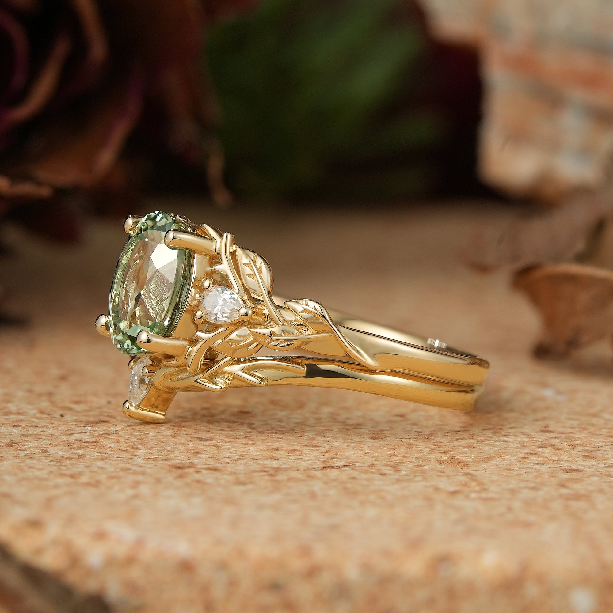 Oval Green Sapphire Nature Inspired Bridal Ring Set Stag Elven Ring Set