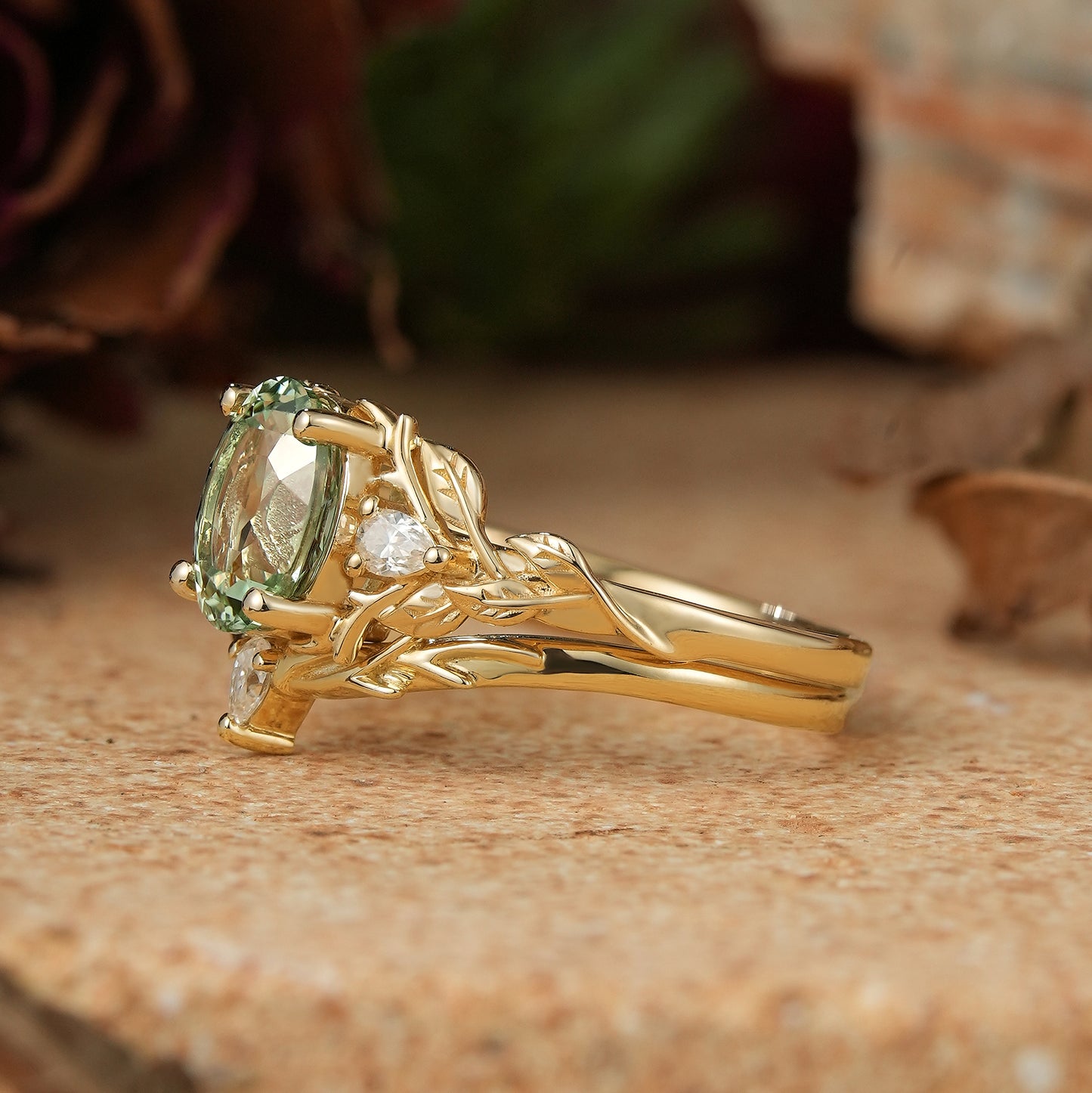 Oval Green Sapphire Nature Inspired Bridal Ring Set Stag Elven Ring Set