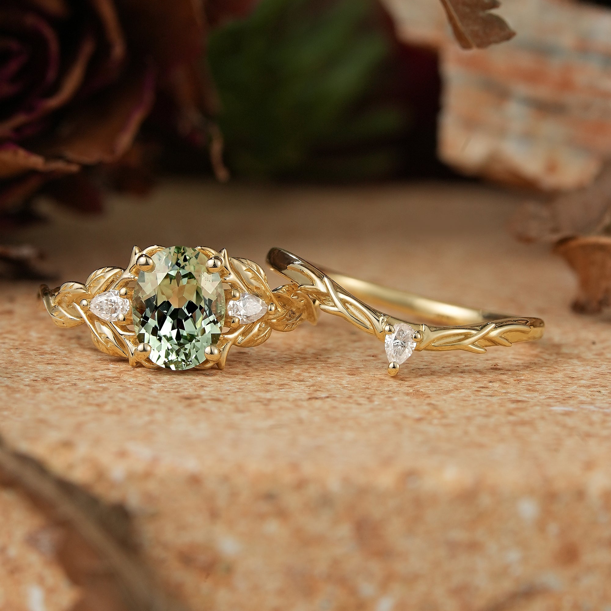 Oval Green Sapphire Nature Inspired Bridal Ring Set Stag Elven Ring Set