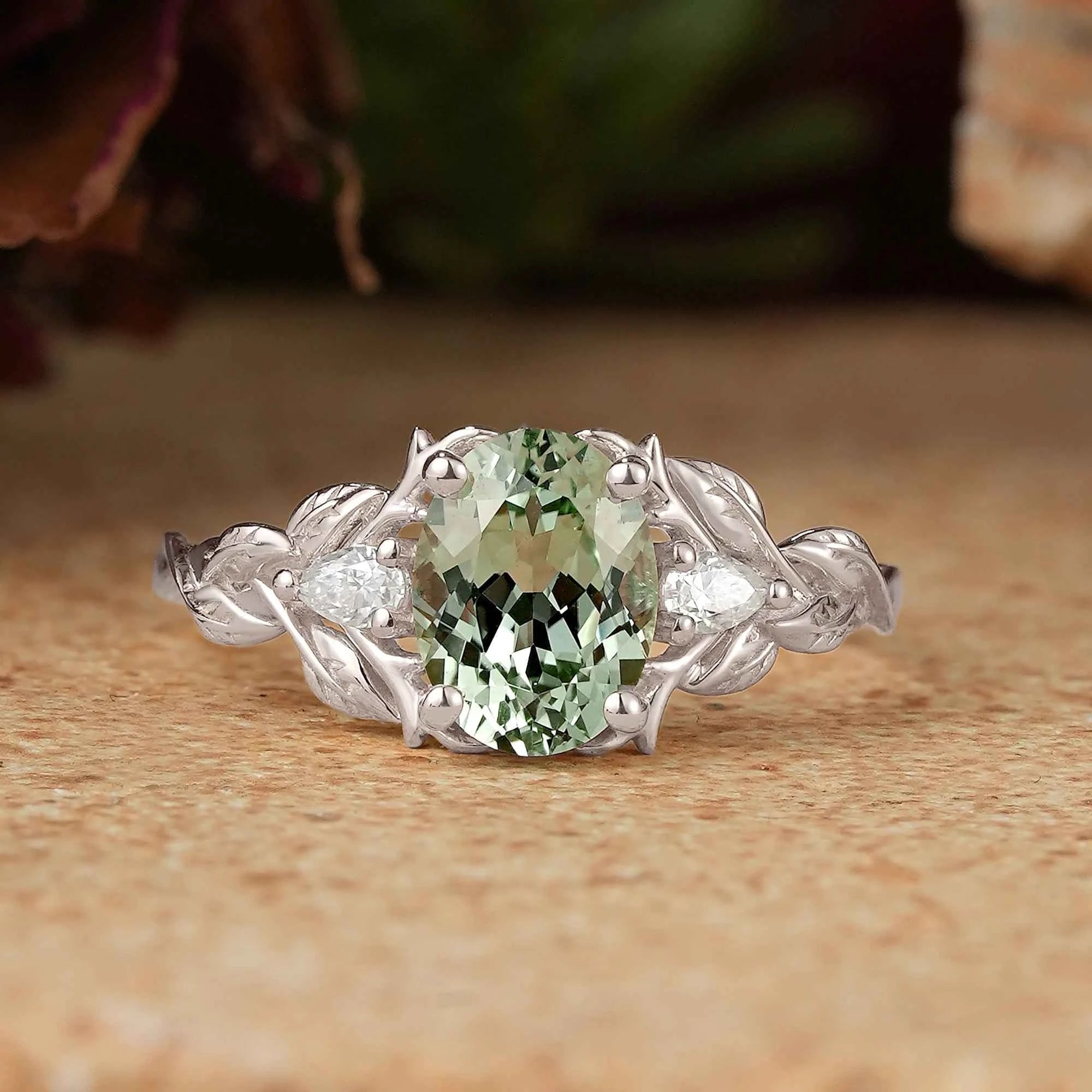 Oval Green Sapphire Nature Inspired Engagement Ring Stag Ring