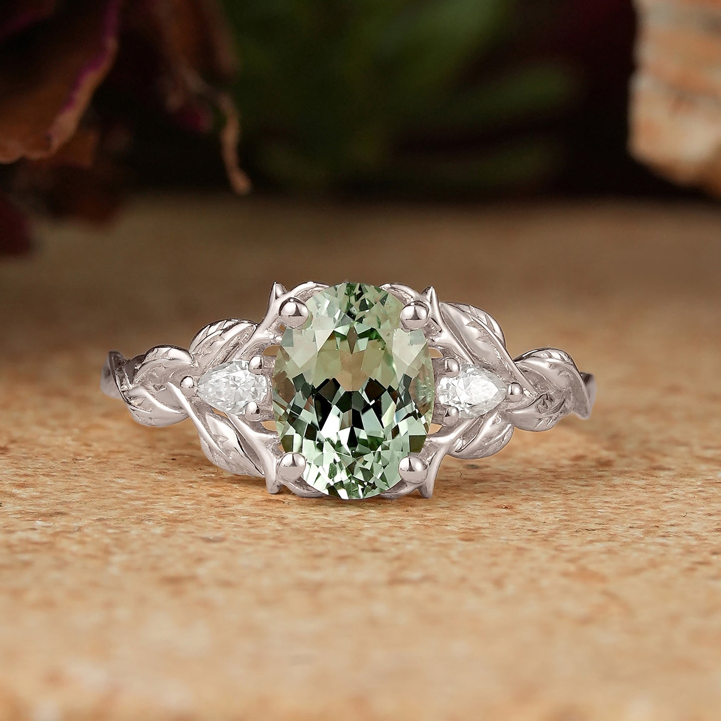 Oval Green Sapphire Nature Inspired Engagement Ring Stag Ring