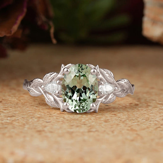 Oval Green Sapphire Nature Inspired Engagement Ring Stag Ring