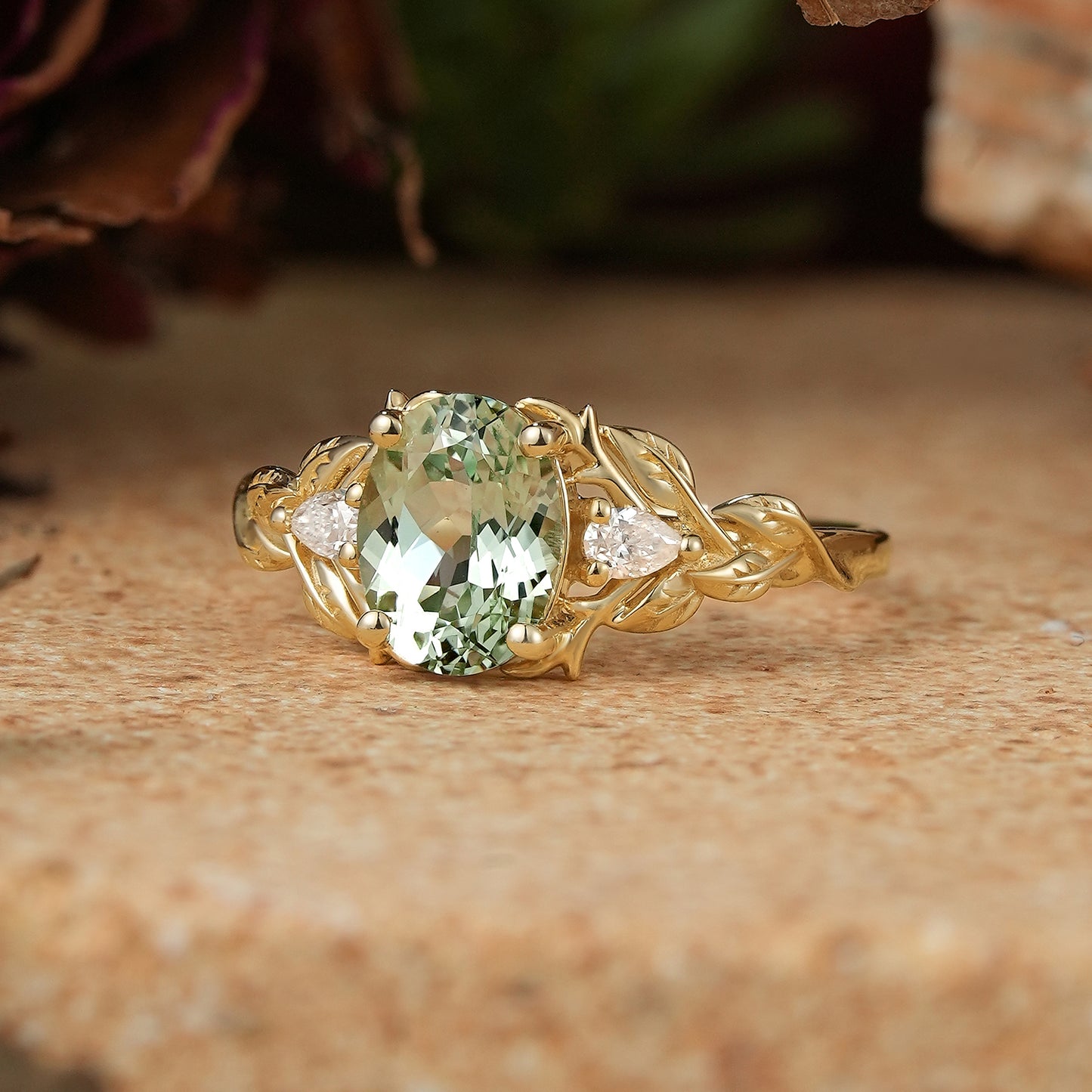 Oval Green Sapphire Nature Inspired Engagement Ring Stag Ring
