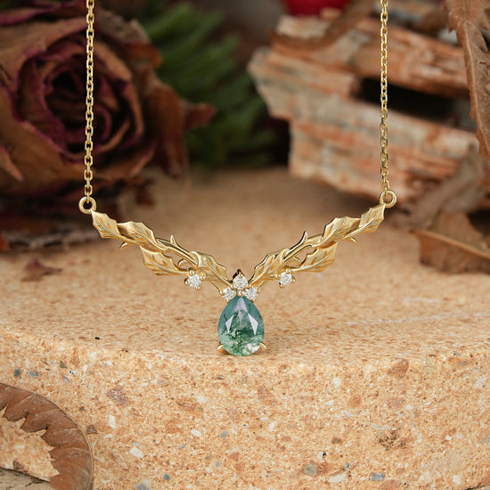 Pear Moss Agate Leaf Inspired Mistletoe Necklace Christmas Gift For Her