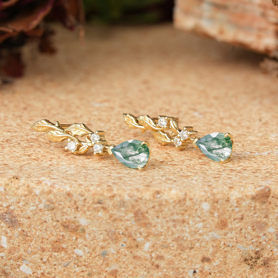 Pear Cut Moss Agate Leaf Inspired Mistletoe Earrings