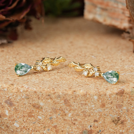 Pear Cut Moss Agate Leaf Inspired Mistletoe Earrings