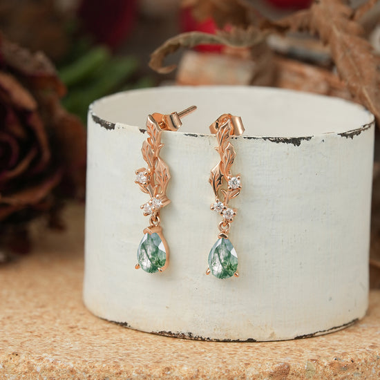 Pear Cut Moss Agate Leaf Inspired Mistletoe Earrings