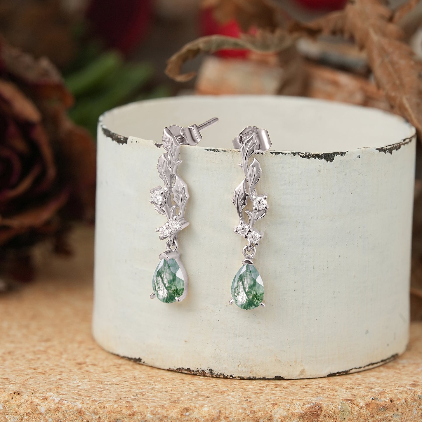 Pear Cut Moss Agate Leaf Inspired Mistletoe Earrings
