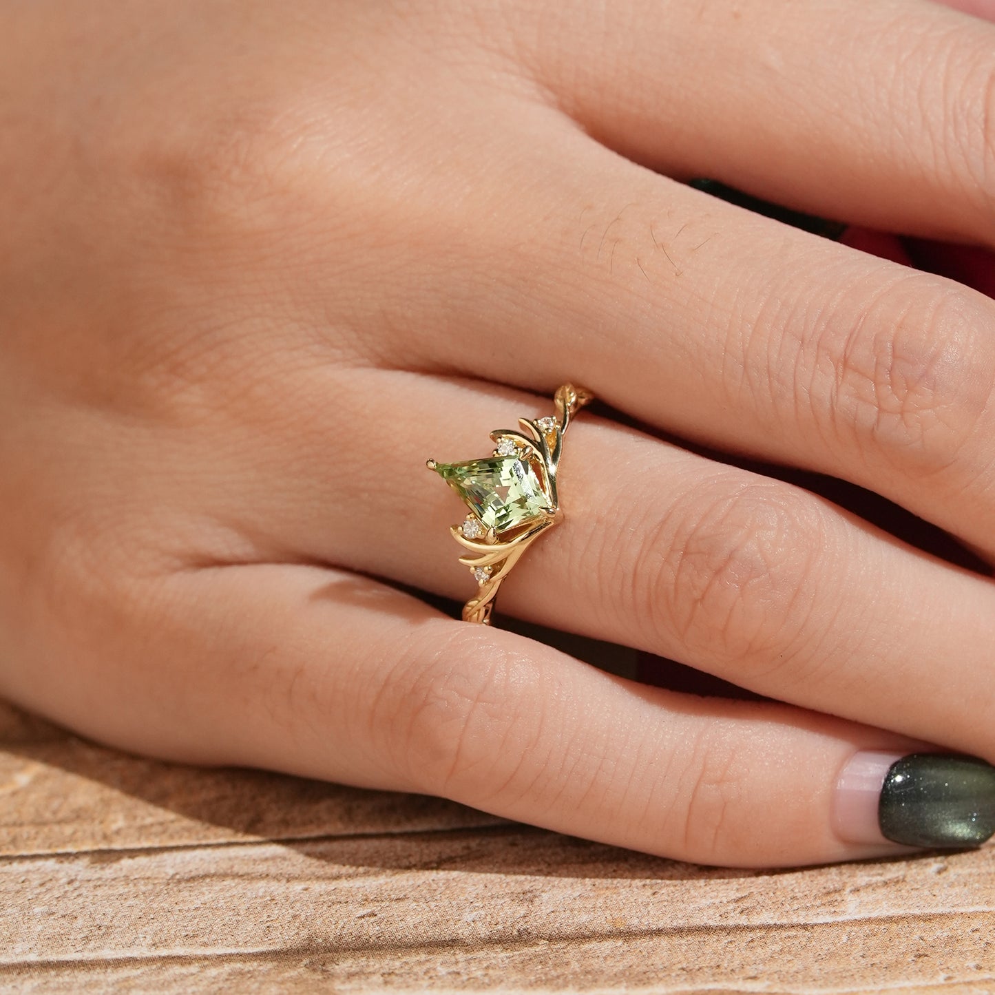 Kite Cut Green Sapphire Stag Inspired Engagement Ring Elven Ring
