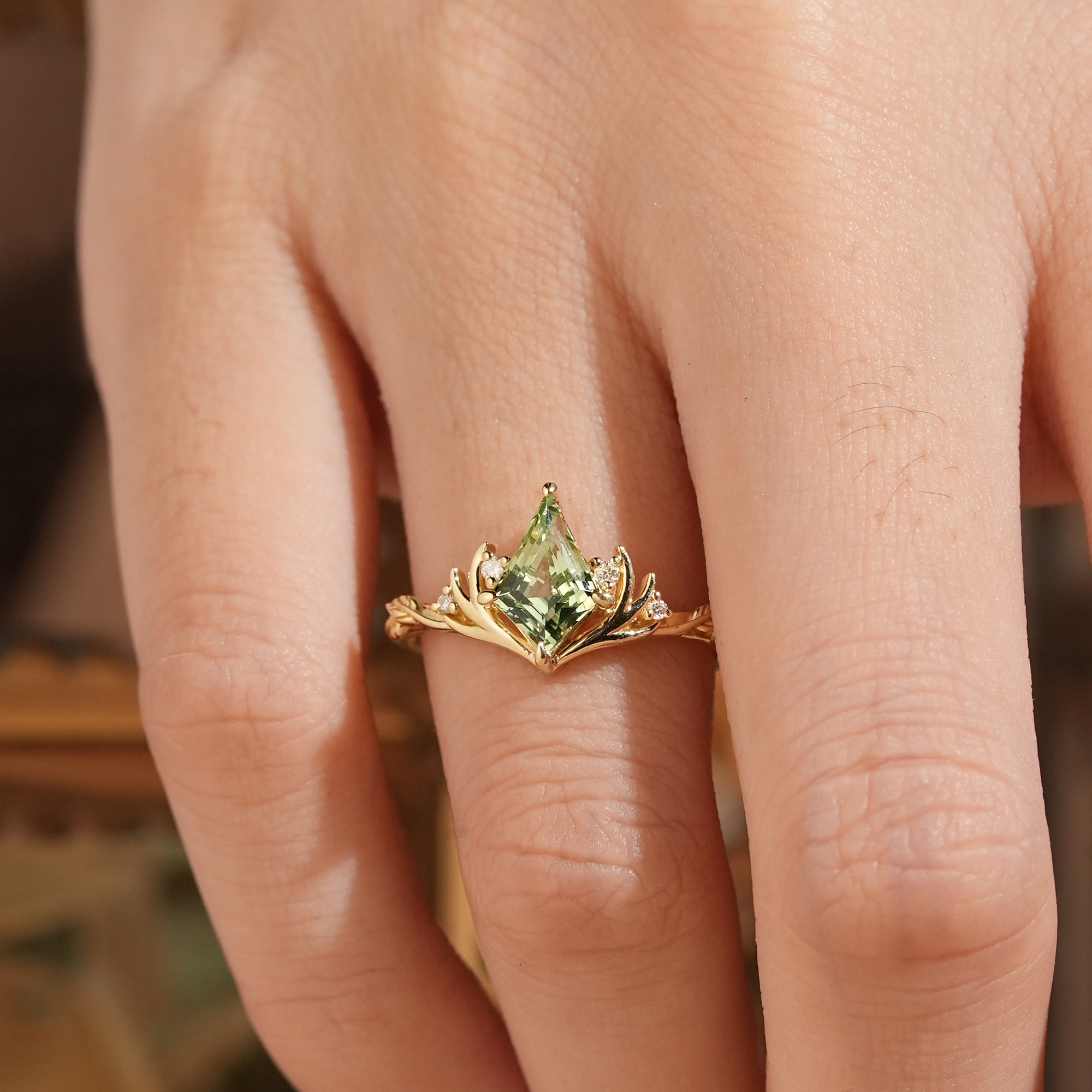 Kite Cut Green Sapphire Stag Inspired Engagement Ring Elven Ring