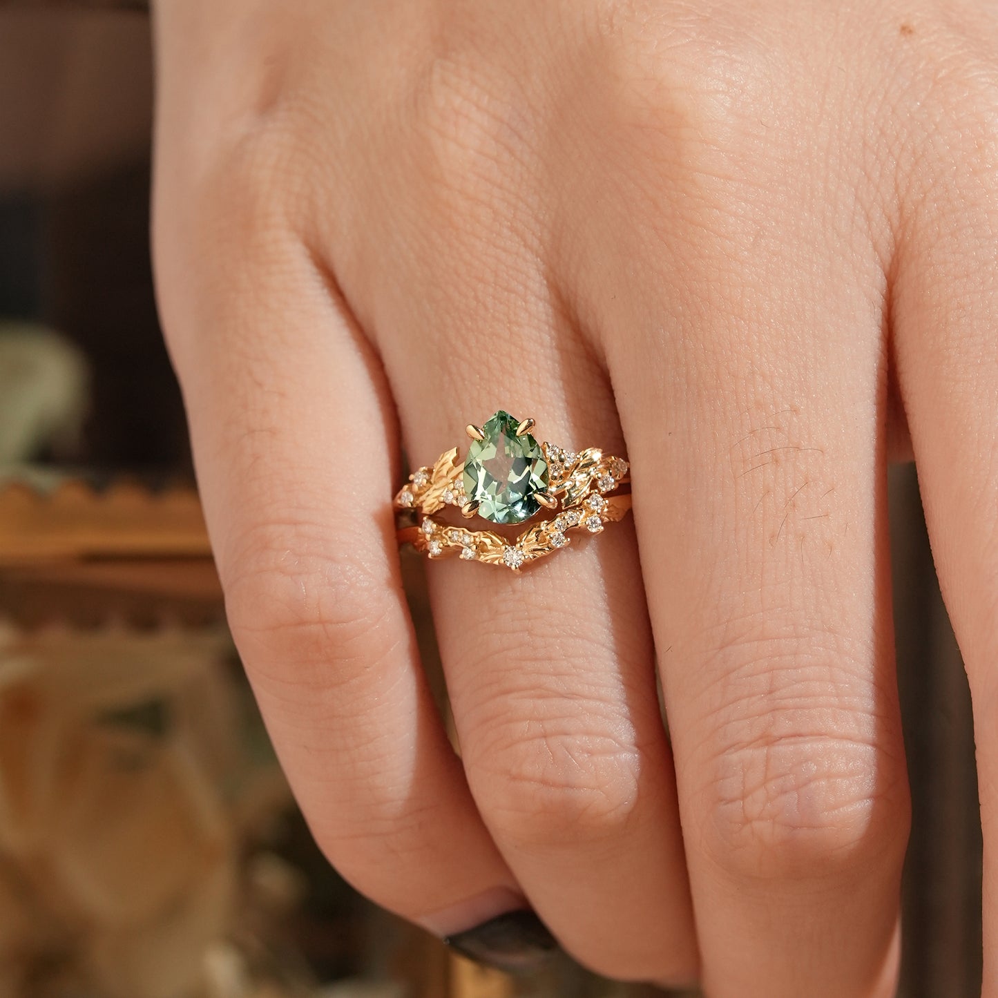 Pear Green Sapphire Nature Inspired Bridal Ring Set Mistletoe Ring Set