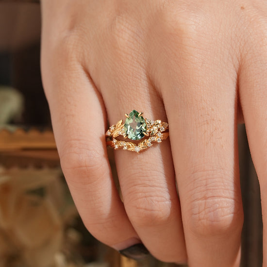 Pear Green Sapphire Nature Inspired Bridal Ring Set Mistletoe Ring Set