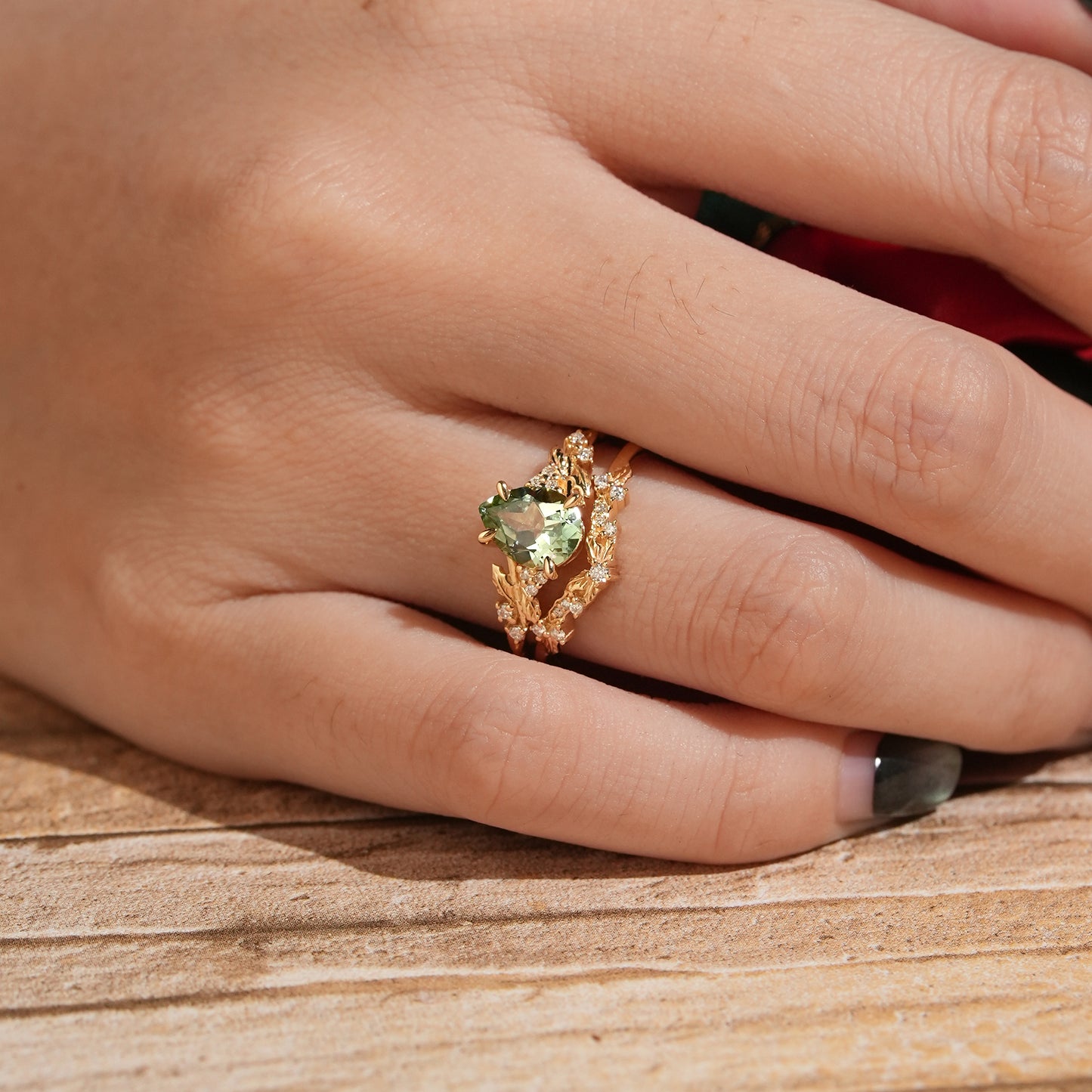 Pear Green Sapphire Nature Inspired Bridal Ring Set Mistletoe Ring Set