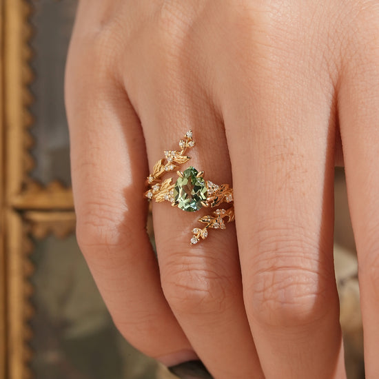 Pear Green Sapphire Nature Inspired Bridal Enhancer Ring Set Mistletoe Ring Set 2pcs
