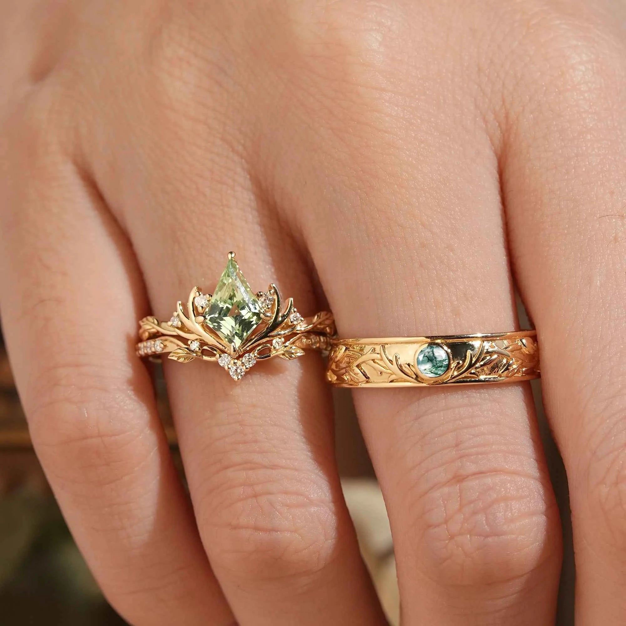Kite Cut Green Sapphire Bridal Ring Set And Moss Agate Men's Ring Stag Inspired Couple Ring Set