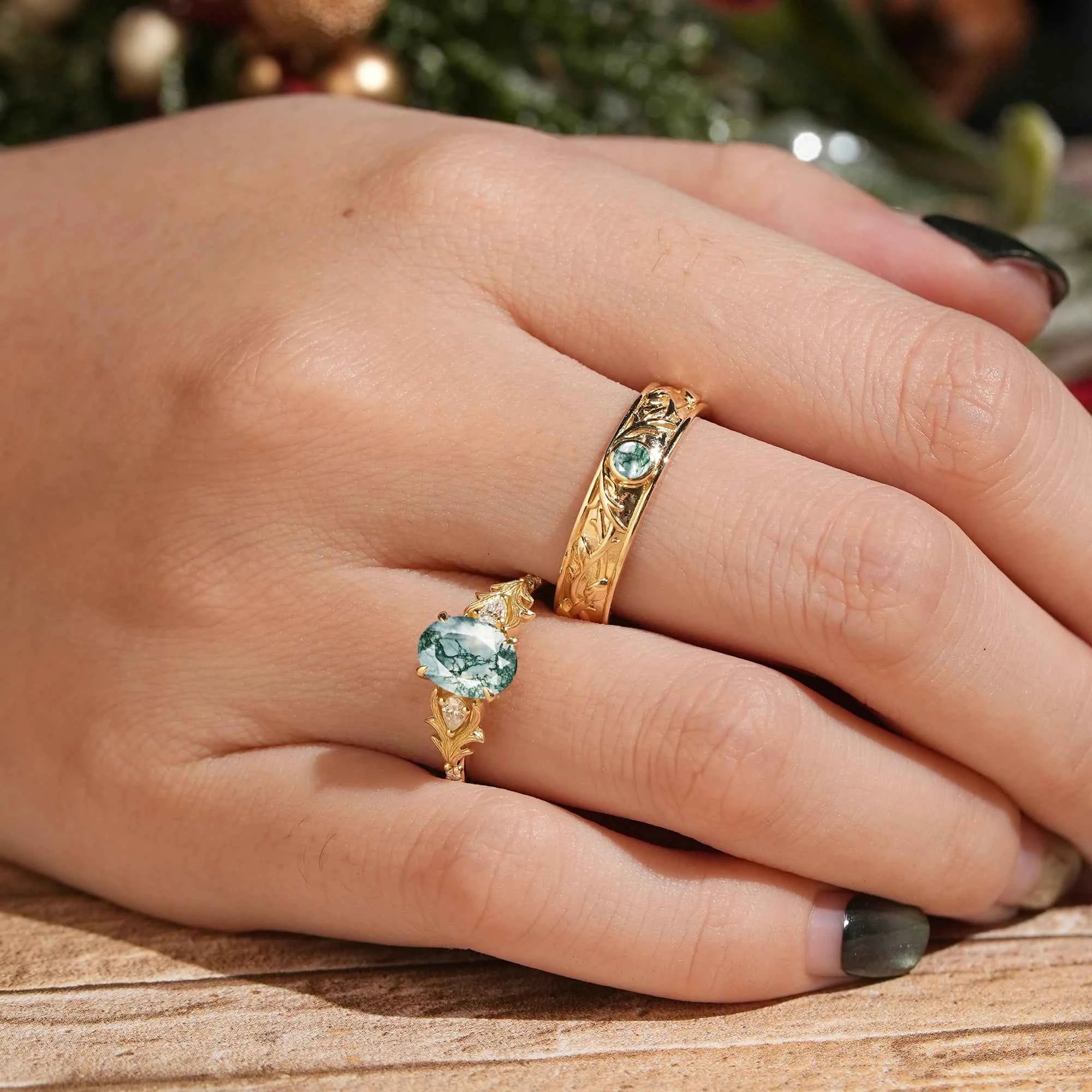 Moss Agate Stag Inspired Couple Ring Set Nature Inspired Elven Rings
