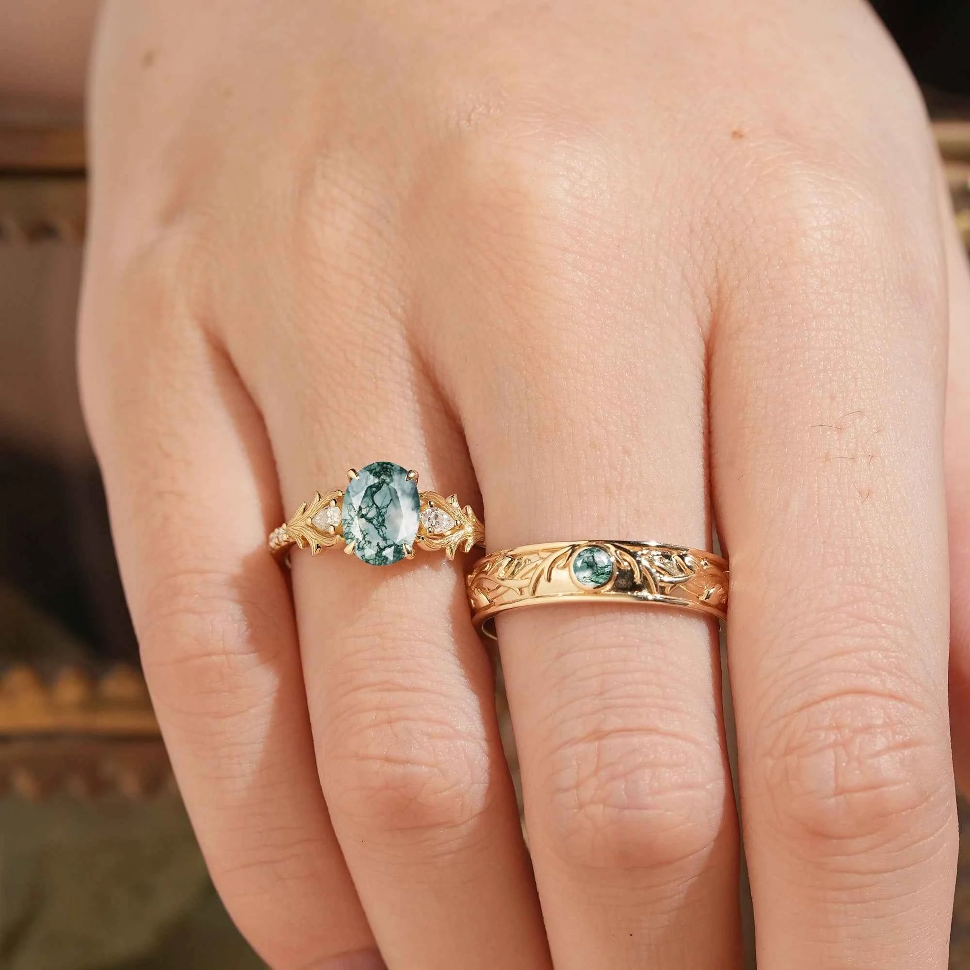 Moss Agate Stag Inspired Couple Ring Set Nature Inspired Elven Rings