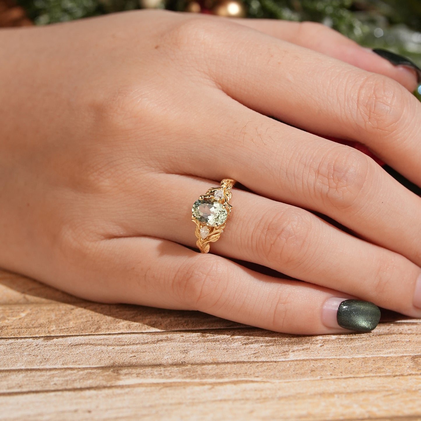 Oval Green Sapphire Nature Inspired Engagement Ring Stag Ring