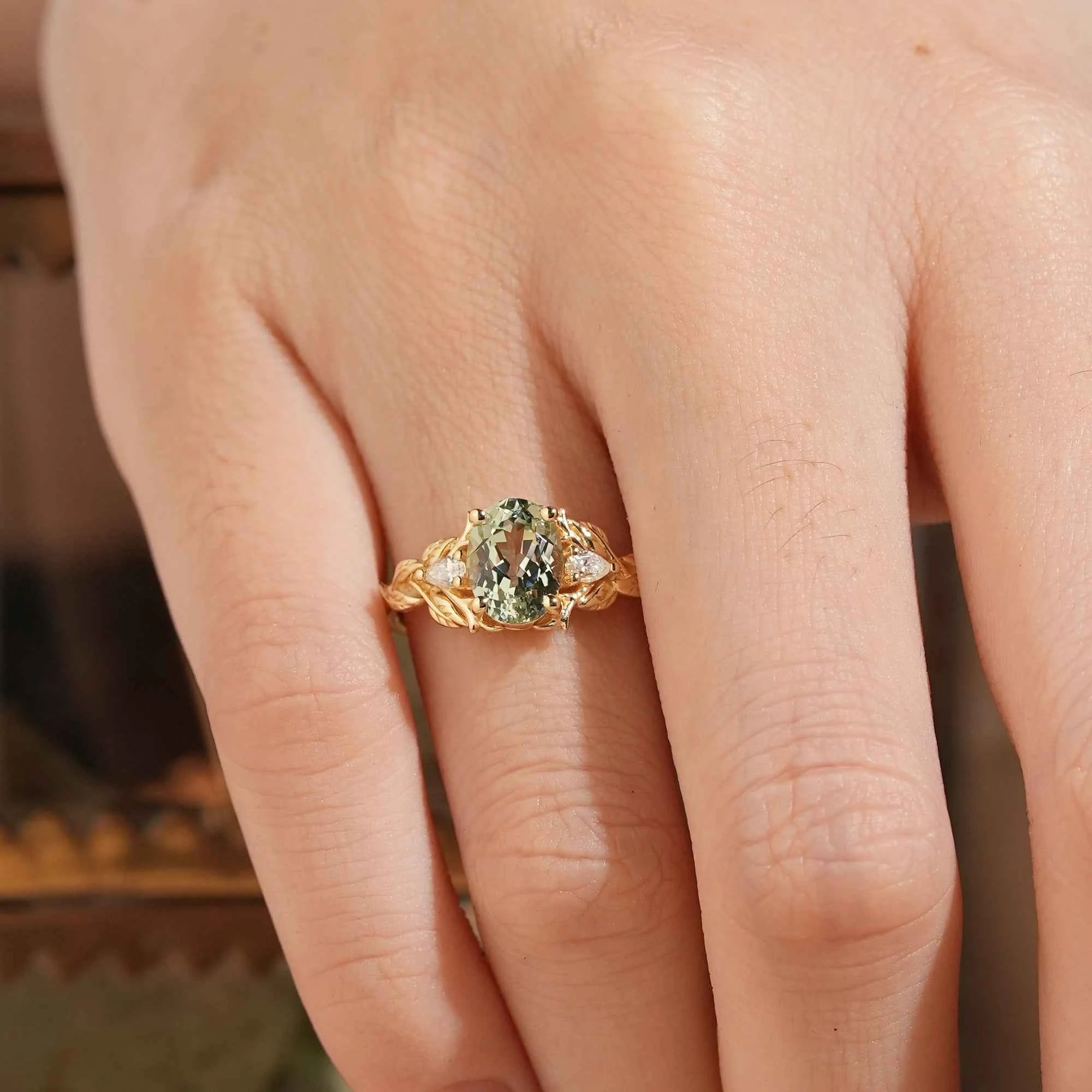 Oval Green Sapphire Nature Inspired Engagement Ring Stag Ring
