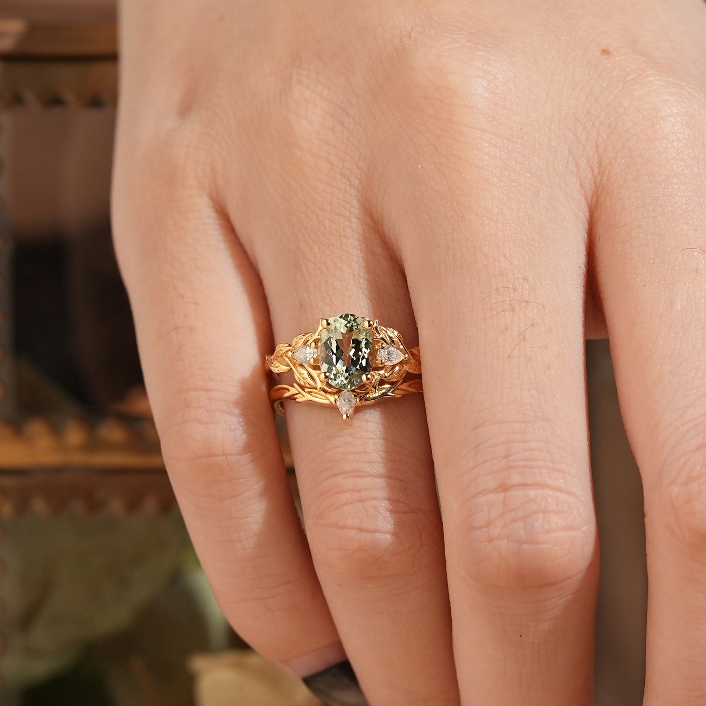 Oval Green Sapphire Nature Inspired Bridal Ring Set Stag Elven Ring Set