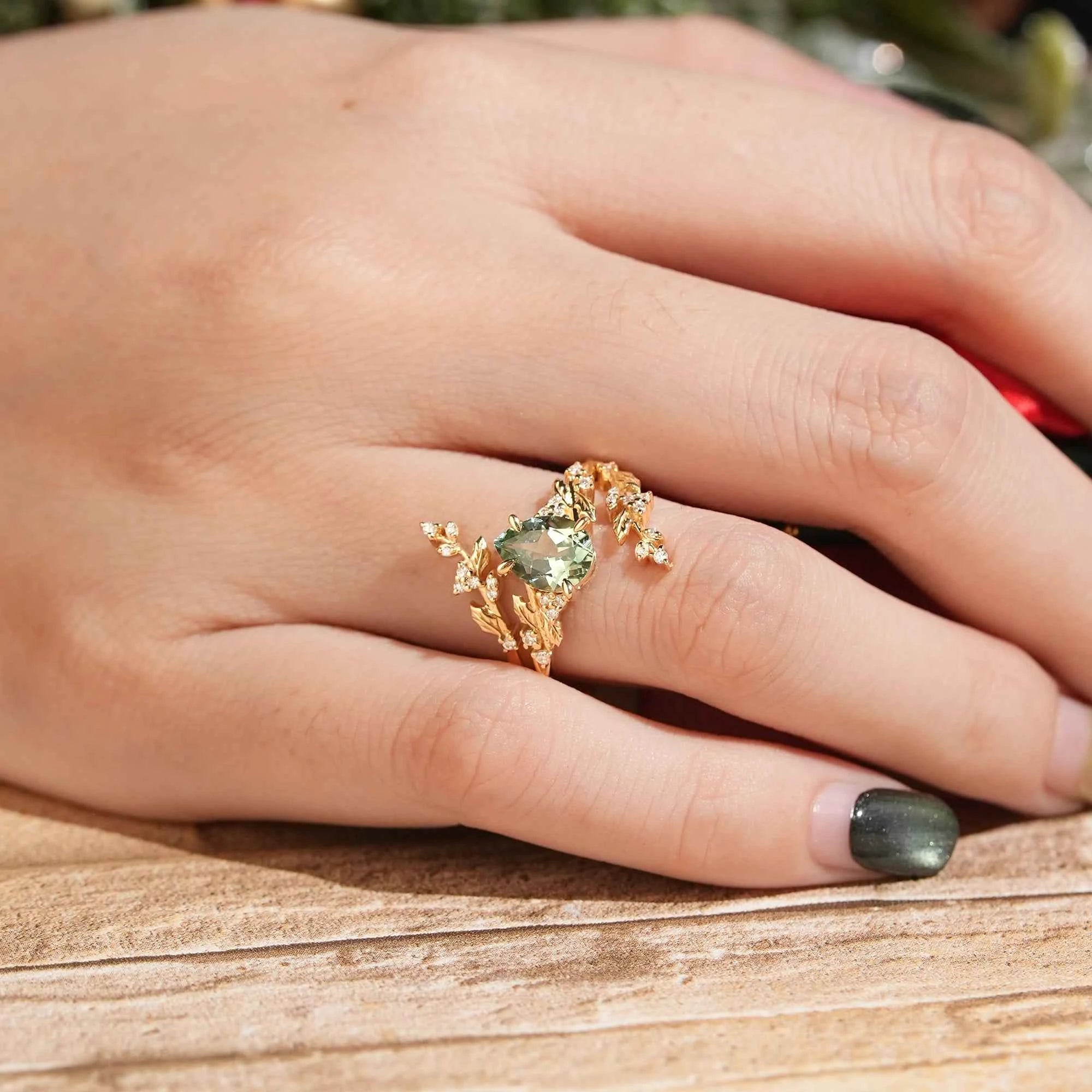 Pear Green Sapphire Nature Inspired Bridal Enhancer Ring Set Mistletoe Ring Set 2pcs