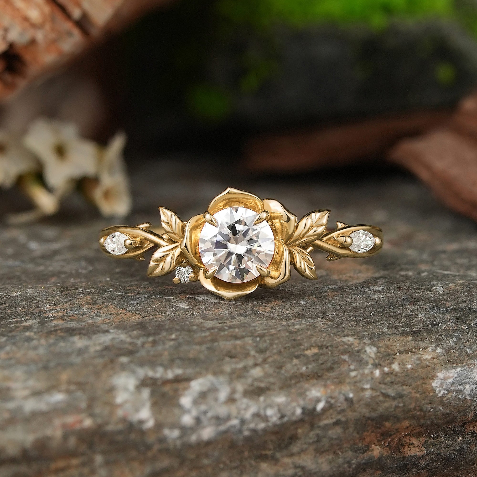 Round Cut Moissanite Flower Inspired Engagement Ring - Ellie
