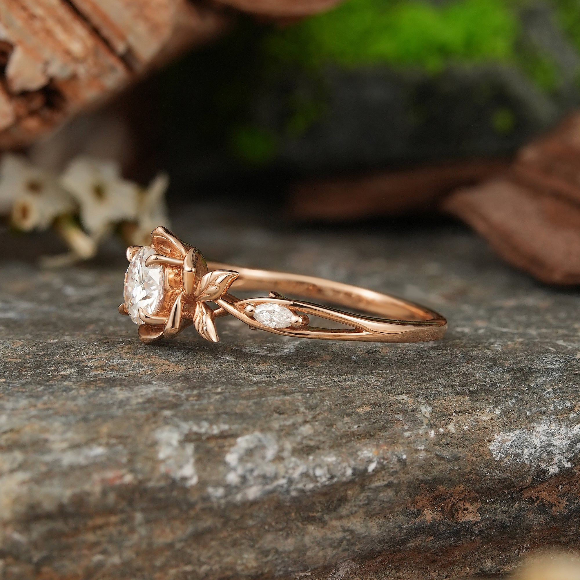 Round Cut Moissanite Flower Inspired Engagement Ring - Ellie