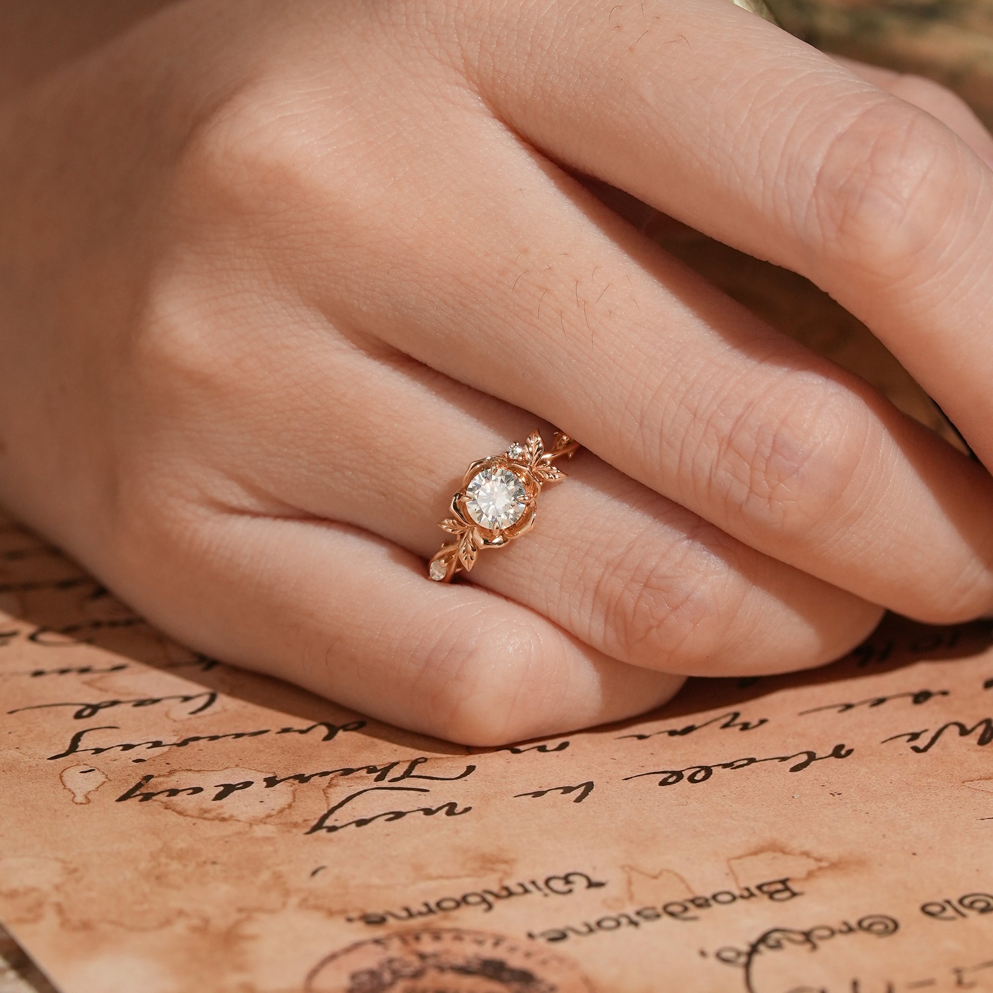 Round Cut Moissanite Flower Inspired Engagement Ring - Ellie