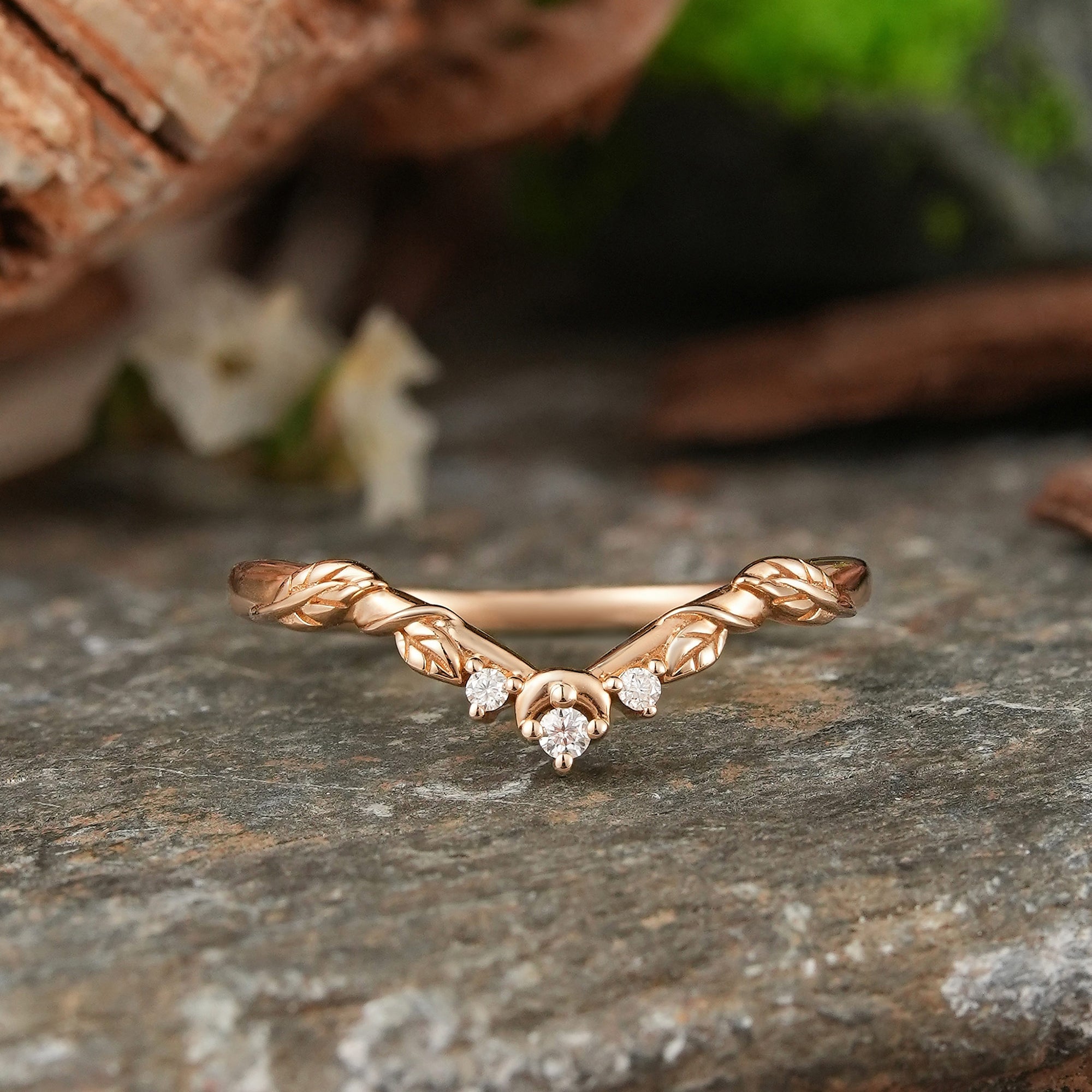 Moissanite Moon And Leaf Inspired Curved Wedding Band - Melia